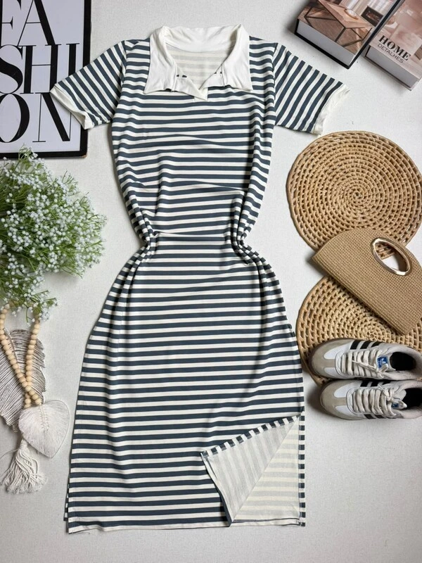 Vestido Midi Listrado Com Gola Polo