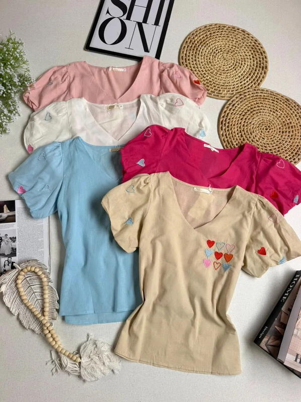 Blusa Linho Bordada Corações 00059