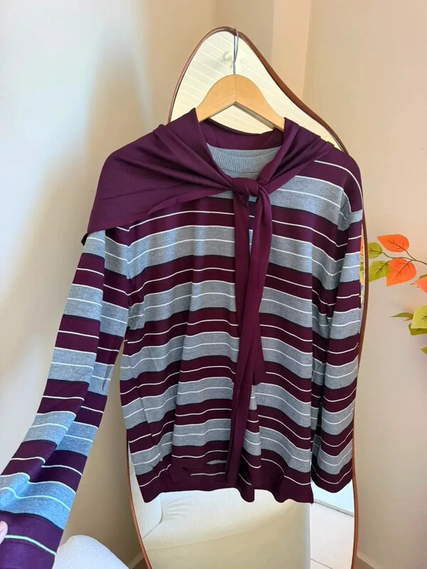 Blusa Modal Oversized Com Lenço Vinho/Cinza 000201