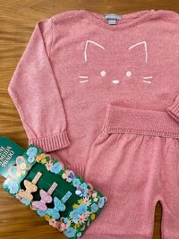 Conjunto Tricot Gato Rosa Mescla