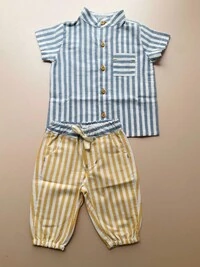 Calça Adora Listrinha Bicolor Azul Jeans Mostarda