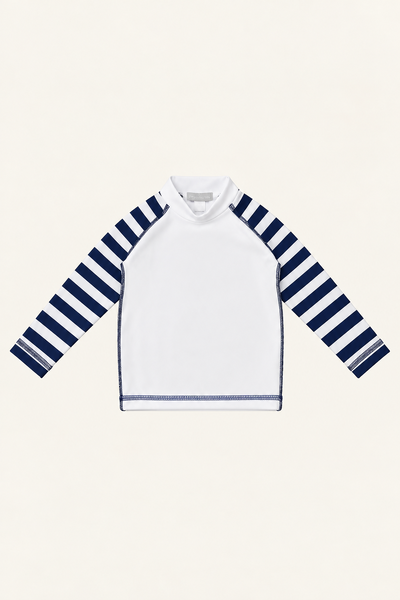 Foto Camiseta Praia Manga Longa Branco Azul Marinho