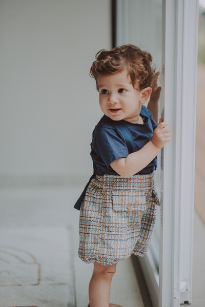 Foto Shorts Suspensório Tweed Azul