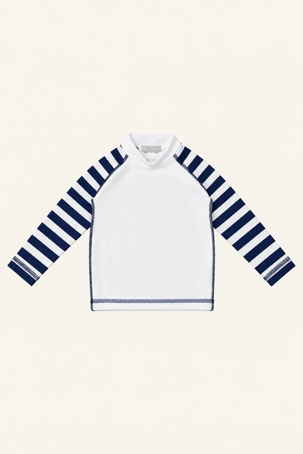 Camiseta Praia Manga Longa Branco Azul Marinho