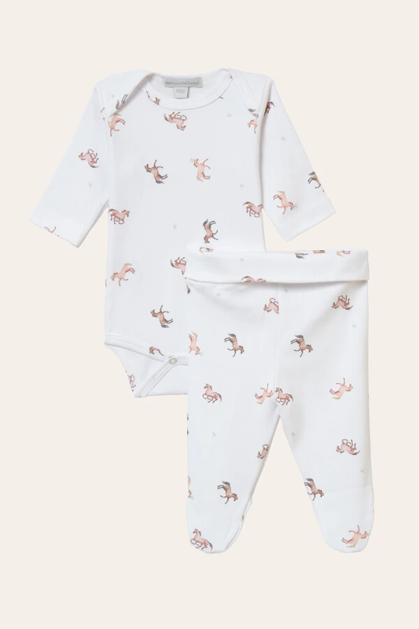 Conjunto Horses Algodão Egípcio Branco Bege