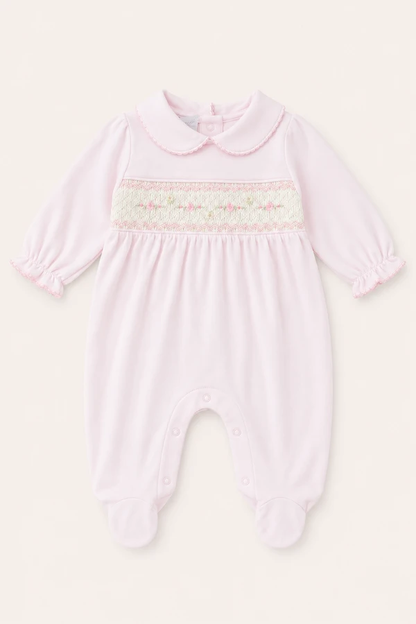 Macacão Smock Rococó Flor Pima com Pé Rosa