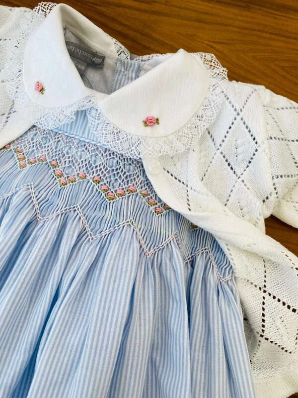 Vestido Eliza Listrinha Azul Bebê Branco