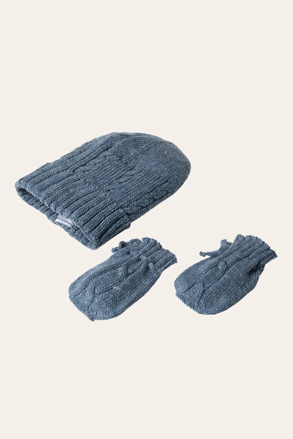 Kit Gorro e Luva Tricot Azul Jeans