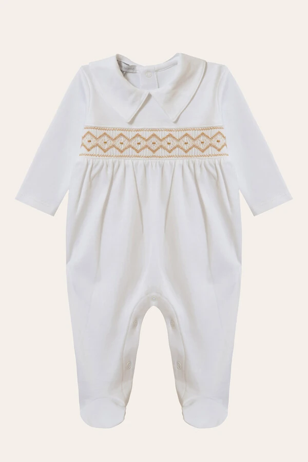 Macacão Smock Losango Pima com pé Branco bege