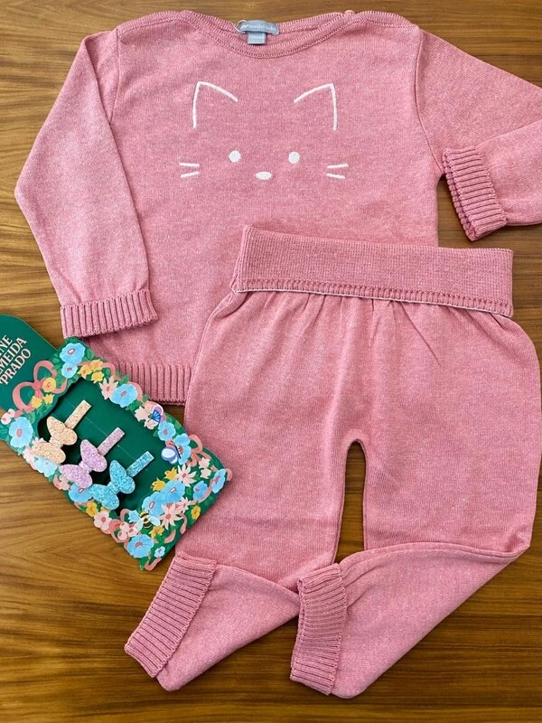 Conjunto Tricot Gato Rosa Mescla