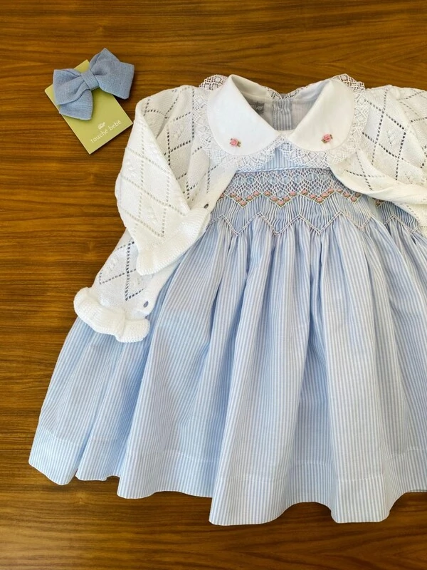 Vestido Eliza Listrinha Azul Bebê Branco