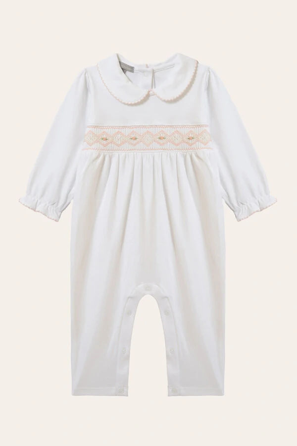 Macacão Smock Delicado Pima sem pé Branco Salmão