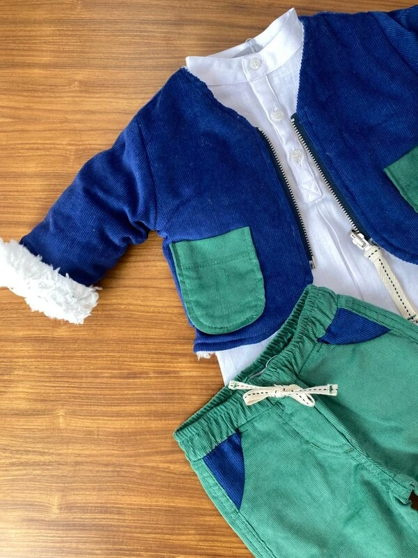 Casaco Dupla Face Veludo Azul Verde