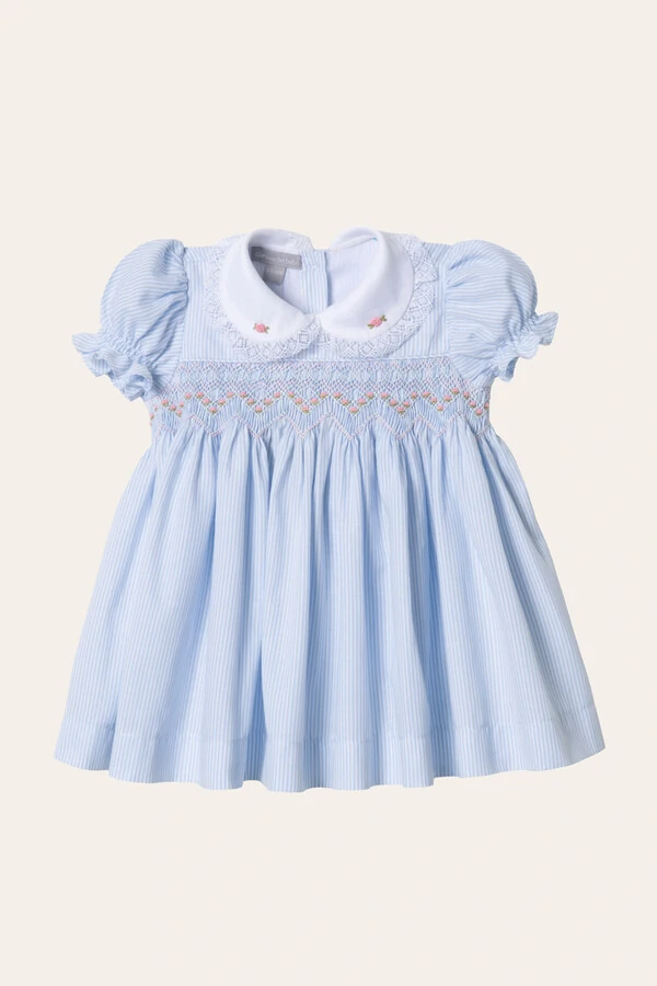 Vestido Eliza Listrinha Azul Bebê Branco
