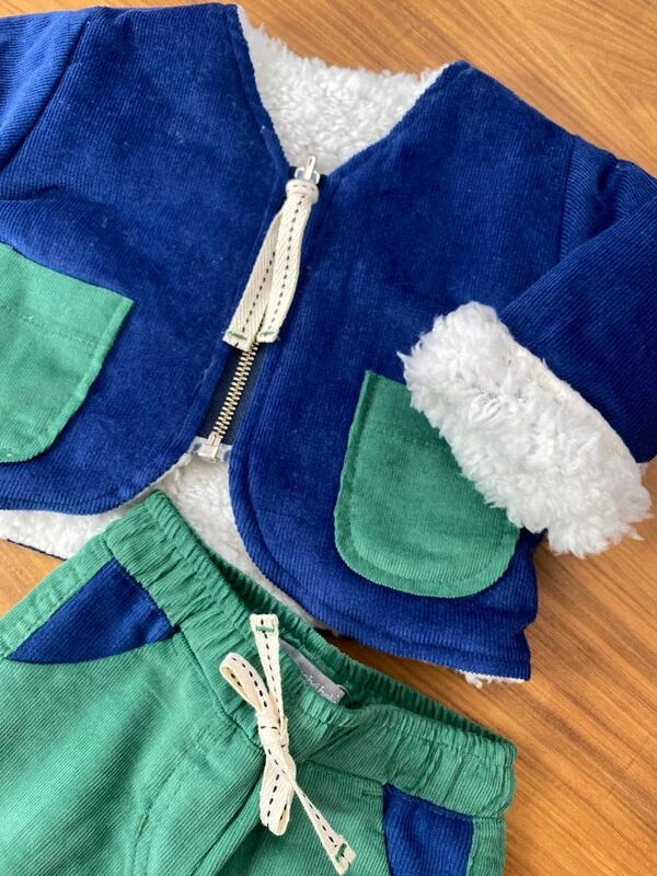 Casaco Dupla Face Veludo Azul Verde