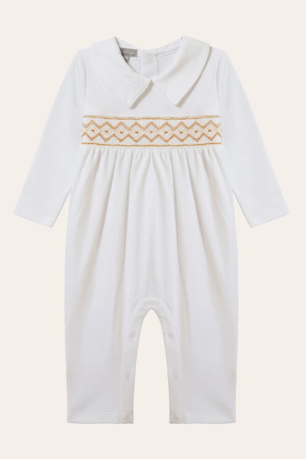 Macacão Smock Losango Pima sem pé Branco Bege