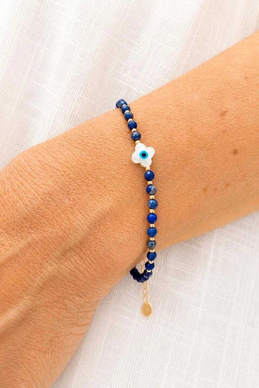 Foto Pulseira Lápis Lazúli Trevo Madre Banho Ouro 18K