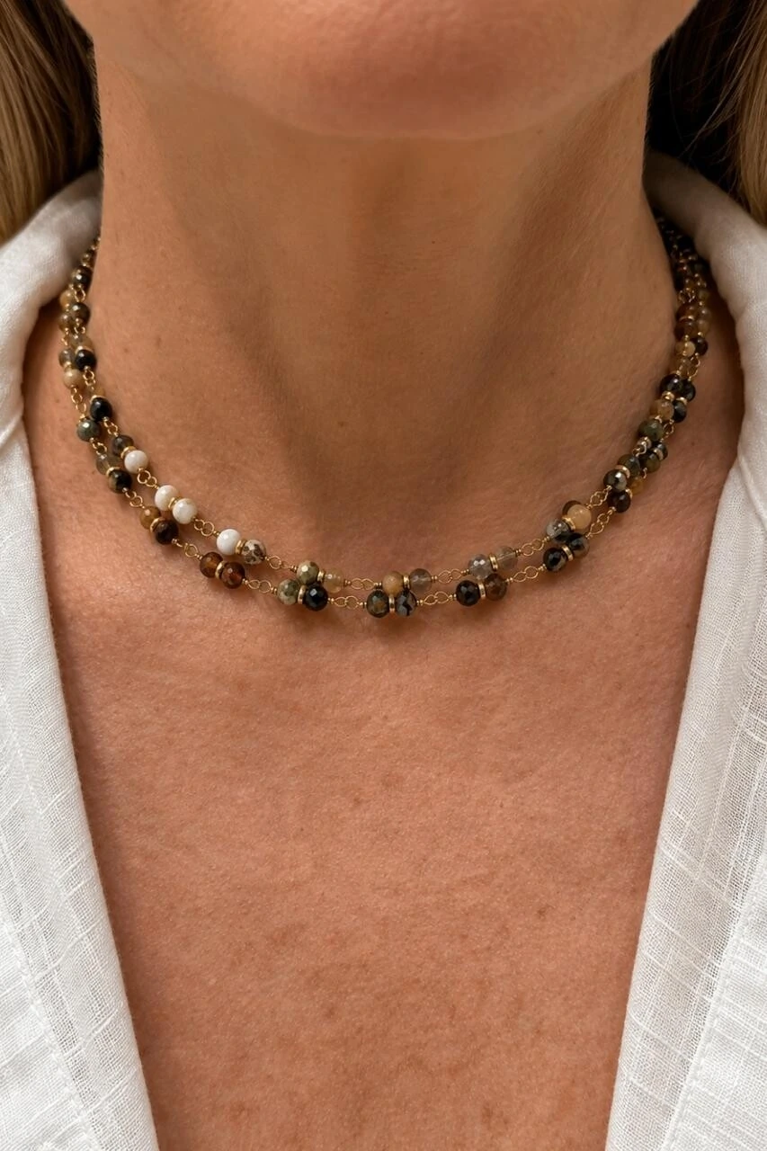 Foto Colar Pedras Mix Jasper Banho Ouro 18K