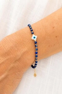 Pulseira Lápis Lazúli Trevo Madre Banho Ouro 18K