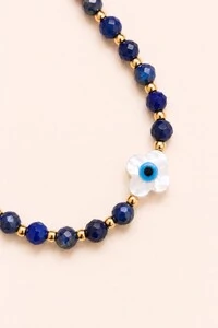 Pulseira Lápis Lazúli Trevo Madre Banho Ouro 18K