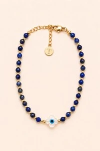 Pulseira Lápis Lazúli Trevo Madre Banho Ouro 18K