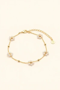 Pulseira Dourada Flores Pérolas
