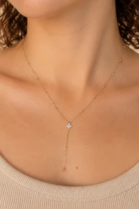 Colar Gravata Trevo Zircônia Banho Ouro 18K