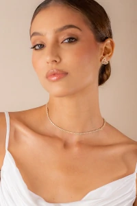 Colar Choker Navete Zircônia Cristal Dourado