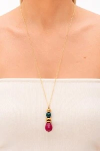 Colar Ayala Longo Jade Ruby Banho Ouro 18K
