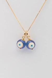 Pingente Dupla de Olho Grego Murano Azul Banho Ouro 18K