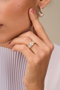 Anel Aliança Larga Zircônia Banho Ouro 18K