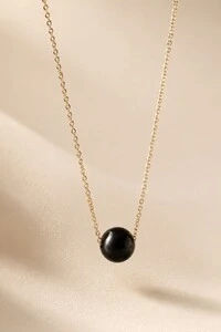 Colar Longo Bola Ágata Preta Banho Ouro 18K