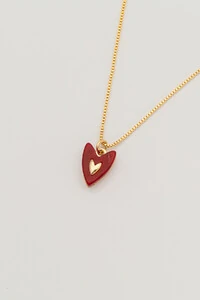 Colar Coração Resina Vermelho Banho Ouro 18K