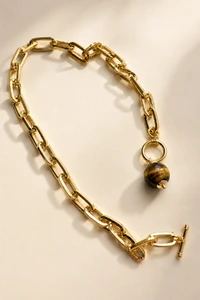 Colar Elos Dourado Pingente Olho de Tigre