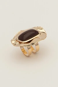 Anel Dourado Placa Martelada Resina Marrom