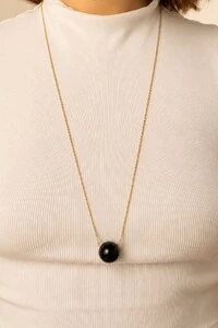 Colar Longo Bola Ágata Preta Banho Ouro 18K
