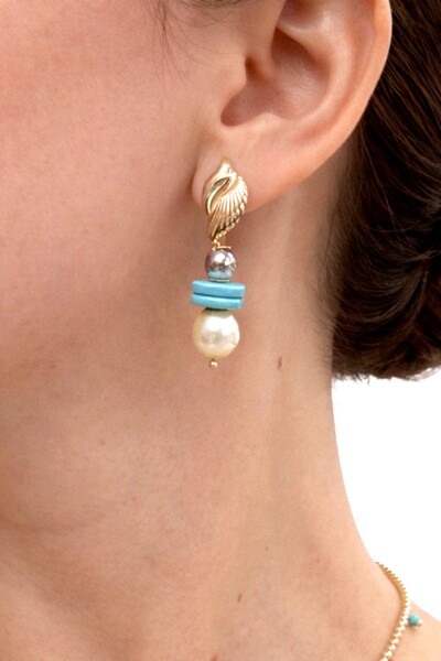 Foto Brinco Pérola Shell Howlita Banho Ouro 18K