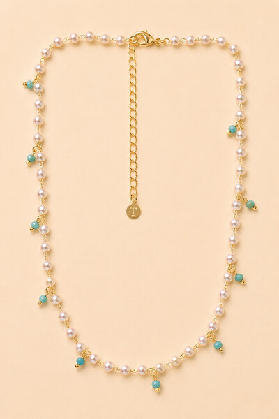 Foto Colar Dourado Choker Pérolas e Turquesa