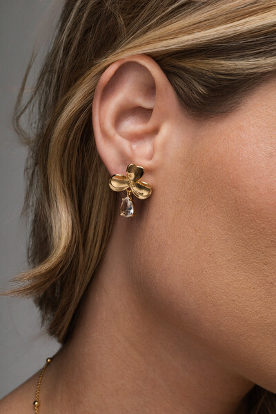 Foto Brinco Flor Gota Cristal Banho Ouro 18K