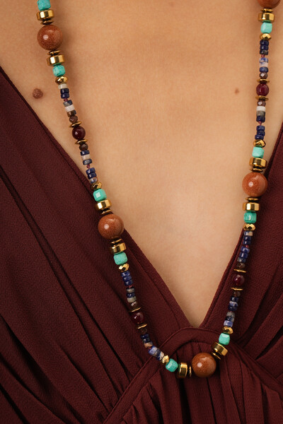 Foto Colar Sodalita Longo Vicenza Goldstone Howlita Banho Ouro 18K