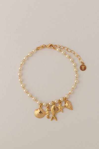 FotoPulseira Dourada Pérola Pingentes Mar