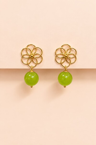 Foto Brinco Ipanema Flor Jade Limão Banho Ouro 18K