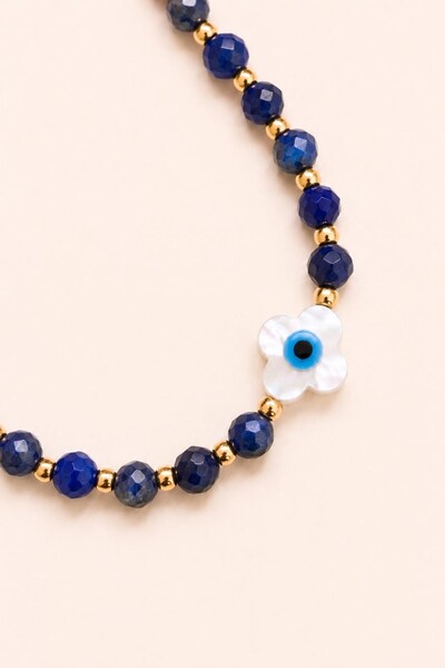 Foto Pulseira Lápis Lazúli Trevo Madre Banho Ouro 18K
