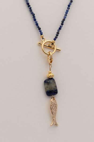 FotoColar Longo Peixe Lápis Lazuli Banho Ouro 18K