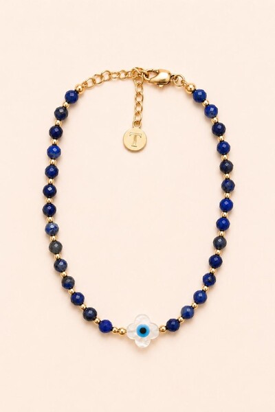 Foto Pulseira Lápis Lazúli Trevo Madre Banho Ouro 18K