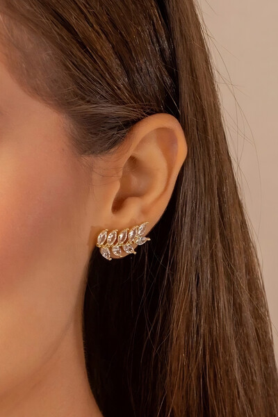 Foto Brinco Dourado Folhas Zircônia Cristal