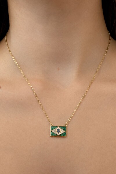 Foto Colar Dourado Bandeira Brasil Zircônia Color