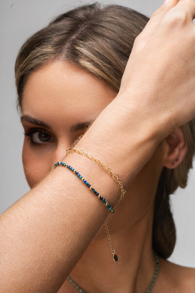 Foto Pulseira 3V Crisocola Cubo Banho Ouro 18k