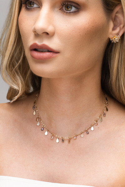 Foto Colar Dourado Choker Gotas Morganita e Lavanda