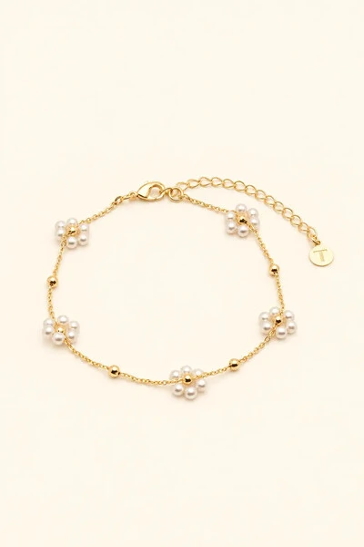 Foto Pulseira Dourada Flores Pérolas
